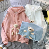 2021 Spring Autumn Women Loose Cute Pocket Bear Toy Hoodie Hooded Sweatshirt College Girls Casual Kawaii Harajuku Pullover