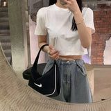 Sleeve T-shirts women solid cropped tops sexy stylish harajuku streetwear girls cool loose all-match korean style