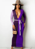 Contrast Color Sexy Deep-V Long Bodycon