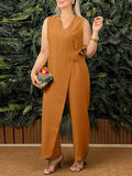 Summer New Women's Pure Color Loose Casual Strap Cotton Linen Jumpsuit V