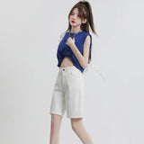 Waisted Denim Shorts Women Summer Korean Fashion Y2k Bottoms White Retro Blue Black Jeans Knee Length Female Jean