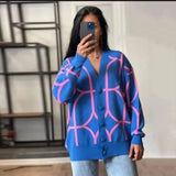 Women's Casual Oversized Cardigan Knitted 2022 Fall New V-neck Lantern Long Sleeve Single-breasted Printed