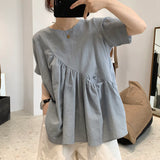 Women O-neck Short Sleeve Pockets Asymmetrical Loose Solid Simple All-match Korean Style Daily Ladies A-line Female