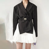 Black Side Split Korean Blazer For Women Notched Long Sleeve Straight Sashes Slim Blazers Female New Spring