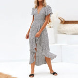 Long Dress 2019 Women Polka Dot Print Beach Dress Chiffon Bohemian Maxi Dress Ruffle Short Sleeve White Sundress