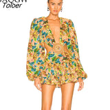 Autum Women Floral Printed Beachwear Dress Sexy Deep V Neck Sexy Cut Out Dress Slim Button Patchwork Party Elegant