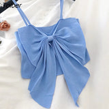 Women Solid Bow Irreguarl Crop Top Sleeveless Tees Knitted Slim Females Sexy Sweet Chic Slim Basic Kawaii Tanks