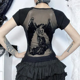 Summer 2024 New Spicy Girls Short Sleeves Dark Wind Street Full Of Bare Back Flocking Printed T-Shirt Girls-Outfit