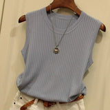 O-neck Solid Casual Tank Fashion Female Sleeveless Thin Tops Knitted Vests Women Top Blusas Mujer De Moda 2021 4588