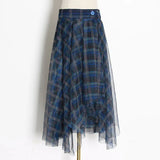 Plaid Patchwork Mesh Women's Skirts High Waist Hit Color Elegant A Line Skirts Female 2020 Spring Fashion