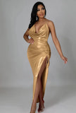 Sexy Halter Sleeveless Solid Metallic Pleated Asymmetrical Club