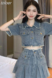 Skirts Outfits Vintage Denim Two Piece Set Women Short Sleeve Crop Tops High Waist Pleated Mini Skirt Suit Y2k