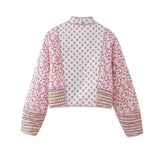 Winter Pink Paisley Print V Collar Reversible Quilted Coat Women Quilting Full Sleeve Warm Bomber Jacket-Outfit