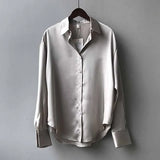 Vintage Fashion Button Up Satin Shirt Silk Korean Office Ladies Elegant Shirt Blouse White Long Sleeve Shirts Tops