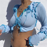 Ribbed Solid V-Neck Sexy Women Crop Top Flare Sleeve Ruffles Slim T-Shirts Clubwear Bodycon Skinny Tees Shirts