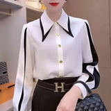Solid Color Patchwork Shirt Stylish Lantern Sleeve Spring Autumn Single-breasted Female Clothing Turn-down Collar Blouse-Outfit