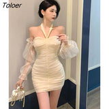 Puff Sleeve Dress Women Slash Neck Tunic Mini Vestidos Solid Party Slim New Arrival Chic Elegant French Ladies Hot