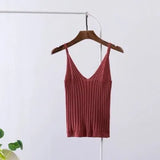 Sexy Knitted Crop Top Crop Sleeveless Cropped Vest Slim Sling Knitted Tank Top V-neck Plain Camisole High Elastic