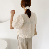 Short Sleeve Pleated Blouse Women Korean New Puff Sleeve Simple O Neck Shirt Fashion Loose Casual Top Blusas Mujer