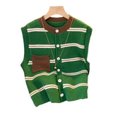 Neck Knitted Cardigan Vest Women's Loose Impact Color Pocket Striped Vest A Variety Of Small Shoulder Sweaters Leisure Jackets-Outfit