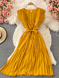 Summer Women Green/Red/Beige Pleated Midi Dress Vintage V-Neck Draped Party Robe Female Elegant Casual Vestidos New Fashion