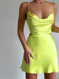 Backless Lace Up Women Solid Satin Mini Dress Cut Out Sexy Party Club Streetwear 2023 Summer Halter Low Cut Vestidos-Outfit
