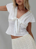 Hot Girl Style With Short-Sleeved Summer Splicing Lace Strap Sexy Top