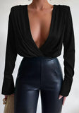 Sexy V-neck Full Sleeves Solid Satin
