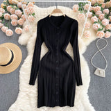 Women Sexy Sweater Dress Turndown-Collar Long Sleeves Elastic Pencil Dress Autumn Button Bodycon Stripe knitted