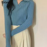 2023 Spring Autumn Knitted Sweater Women Korean Turn Down Collar Long Sleeve Pullover Woman Solid V Neck Jumper