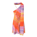 Halter Collar Orange Gradient Tie dye print Cross lacing up Bow Backless Sling Dress Women Irregular Mini Robe Vestido-Outfit