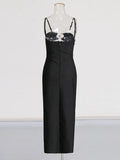 Small Metal Buckle Decoration Sexy Hollow Black Sling Dress Open Breast Design High-Leach Banded
