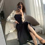 Maxi Dresses for Women Party Patchwork Long Sleeve Square Collar Floral Slim Mermaid Woman Dress Elegant Autumn 2023