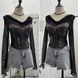 Sexy Collar Long-Sleeved T-Shirt To Make Old Hole Cowboy Splicing Net Bare Back Short Top