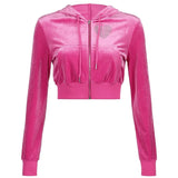 Y2K Sweet Heart Velvet Diamond Hoodies Women Spring Autumn Hooded Jackets Zip Up Long Sleeve Cropped Top