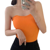 Tops, Summer Solid Color Sleeveless Strapless Ribbed Pullover Casual Vest for Adult Women-Outfit