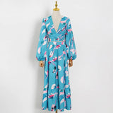 TWOTWINSTYLE Vintage Print Two Piece Set For Women V Neck Long Sleeve Hollow Out Tops High Waist Maxi Skirts Casual Sets