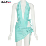 Puss Sexy Hollow Out Summer Women 2 Piece Set Halter Bodysuit+Bandage Mini Skirt Vacation Party Fashion Clubwear