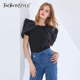 Black Chic T Shirt For Women O Neck Puff Short Sleeve Slim Ruched Casual T Shirts Female Fashion New Style