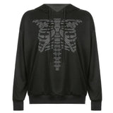 Gothic Black Hoodie y2k Women's Rhinestone Skull Casual Oversized Sweatshirt Punk E-girl Harajuku Long Sleeve