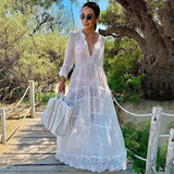 Toloer Chiffon Patchwork Lace Dress Loose Beach Blouse Mask Beach Robe Coat Women's Beach Sunscreen