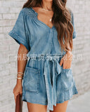 Piece Jeans Stretch Jumpsuits Women V Neck Short Sleeve Solid Denim Casual Rompers Ladies Lace Up Playsuits Pockets-Outfit