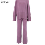 Oversized Knitted 2-Piece Women Sweater Set Winter Pullovers And Drawstring Pants Knitted Two Piece Female Suit