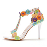 party Sandals Women White Lace Flowers Bridal Pearl Heel 9cm Fine High Heels Thin Bridal Pumps Wedding