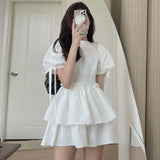 Dresses Woemn Lace Up Ruffles Patchwork Puff Short Sleeve Solid Korean Fashion Spring Summer Ladies Dress Casual-Outfit