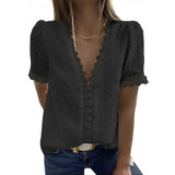 Patchwork V-neck Solid Women Chiffon Blouse Short Puff Sleeve Loose Ladies Blouses Summer Casual Female Tops 2021
