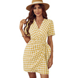 Plaid V-Neck Beletd-Bow
