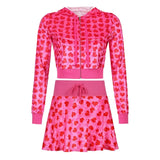 Y2K Sweet Heart Velvet Diamond Hoodies Women Spring Autumn Hooded Jackets Zip Up Long Sleeve Cropped Top