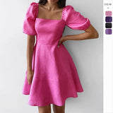 Women's New Temperament Square Collar Short Sleeve High Waist Thin Dress