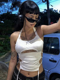 Sexy Backless Summer Crop Top Women Hollow Out 2023 White Sleeveless Bandage Halter Tank Tops Streetwear Cami 90s-Outfit